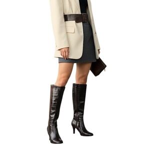 Old money brown faux patent leather tall knee high heeled boots 8